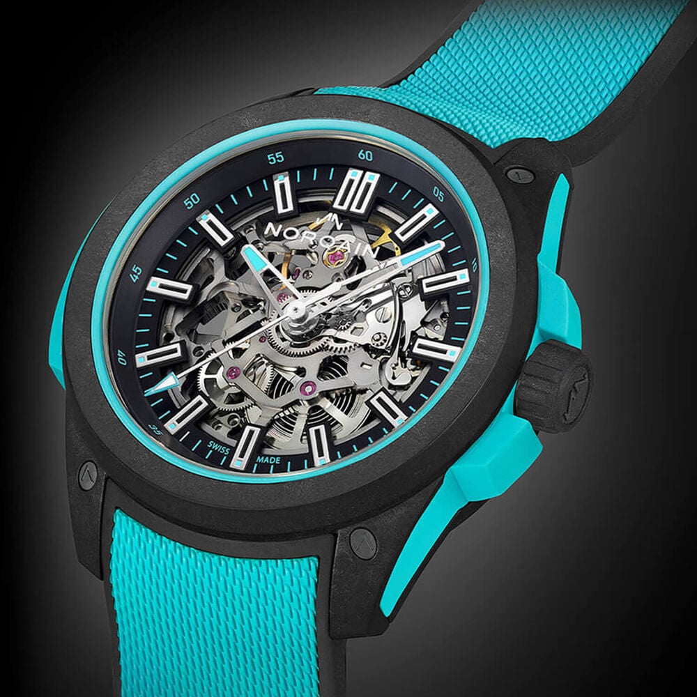 NORQAIN Wild ONE Skeleton 42mm Dial Turquoise Rubber Strap Watch image number 2