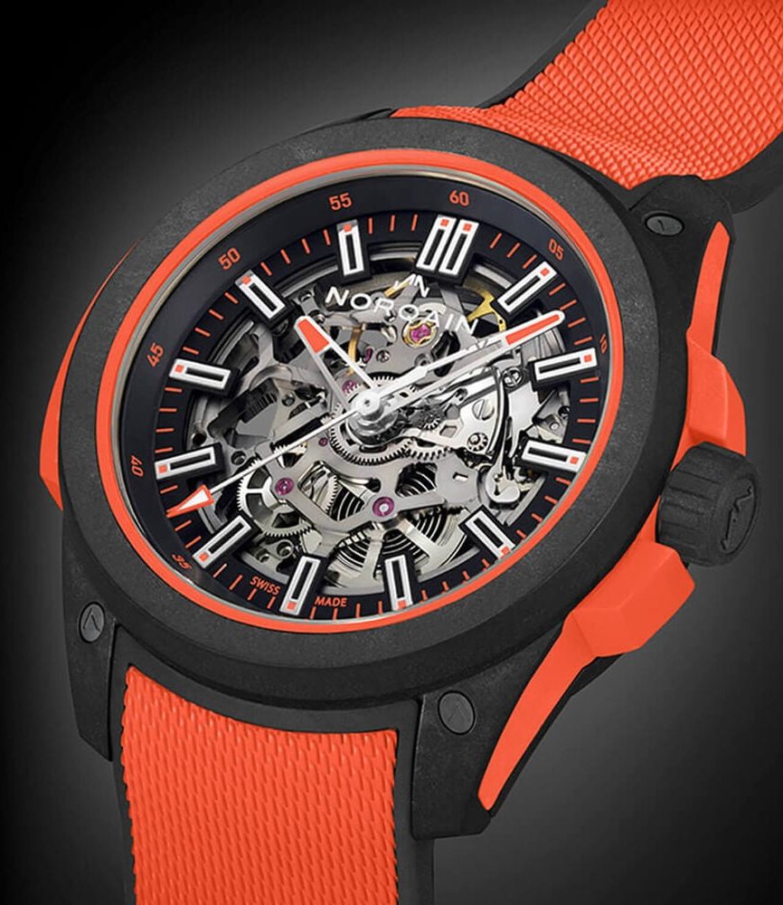 NORQAIN Wild ONE Skeleton 42mm Dial Coral Red Rubber Strap Watch image number 1