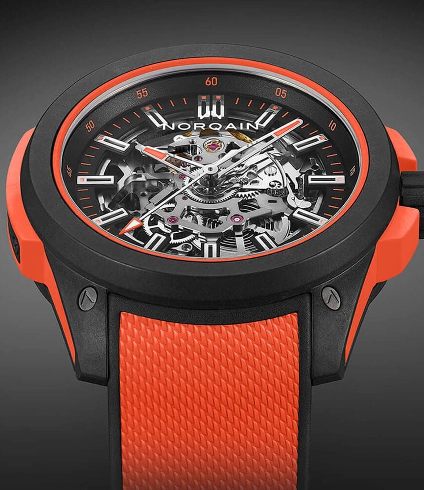 NORQAIN Wild ONE Skeleton 42mm Dial Coral Red Rubber Strap Watch image number 2