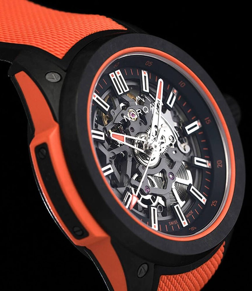 NORQAIN Wild ONE Skeleton 42mm Dial Coral Red Rubber Strap Watch image number 3
