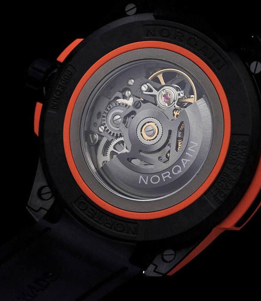 NORQAIN Wild ONE Skeleton 42mm Dial Coral Red Rubber Strap Watch image number 4